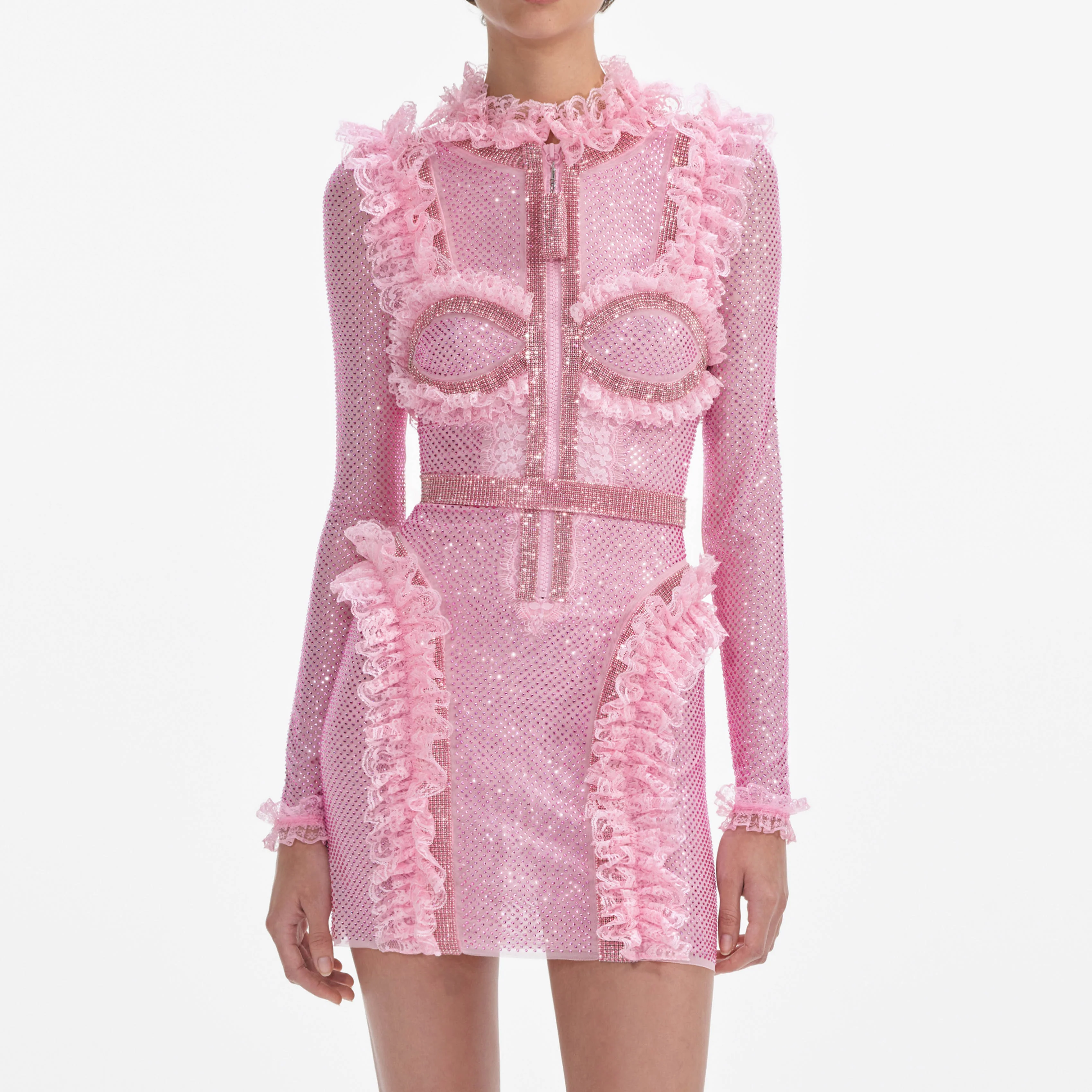 Pink Rhinestone Mesh Ruffle Mini Dress - Image 4