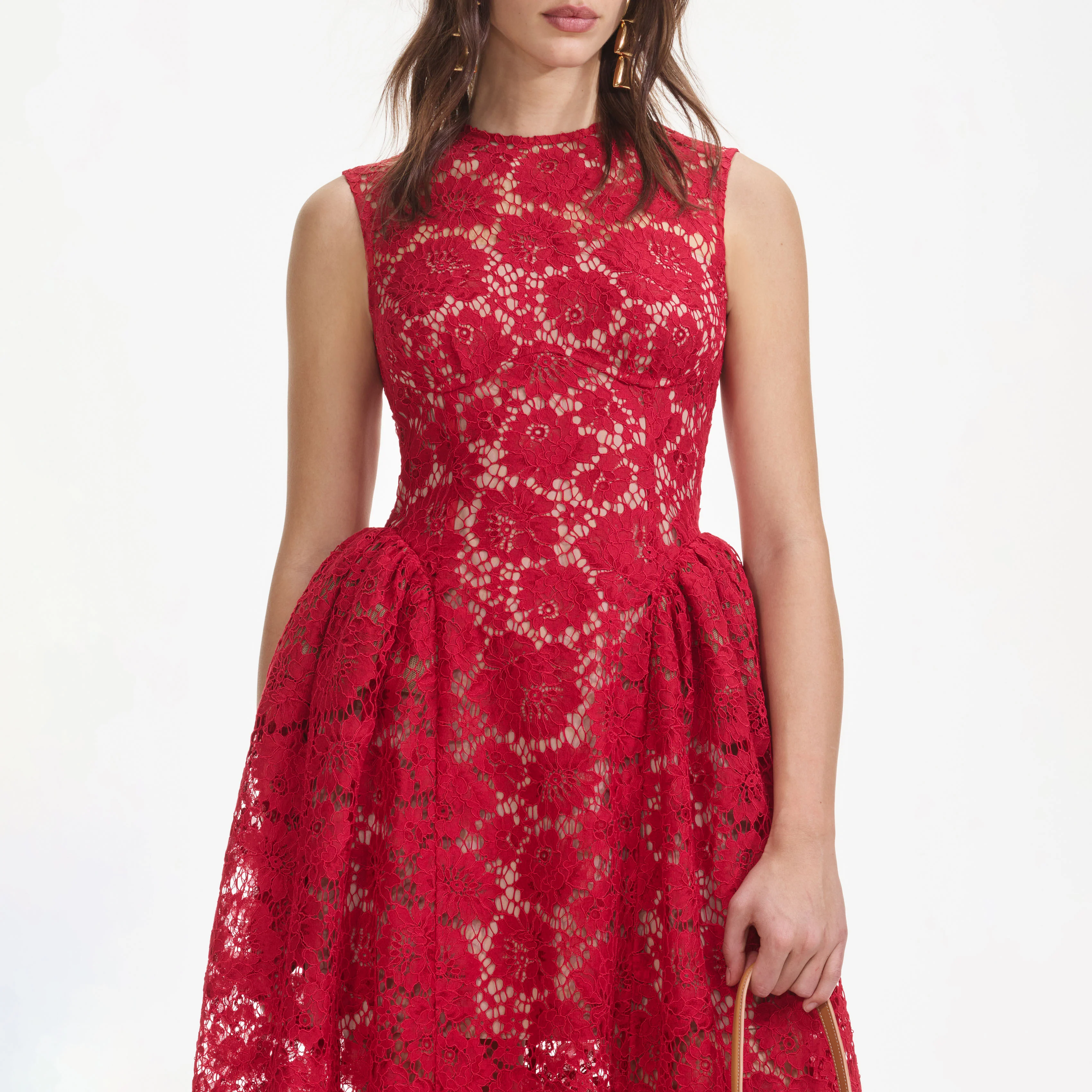 Red Fine Lace Midi Dress - Image 5
