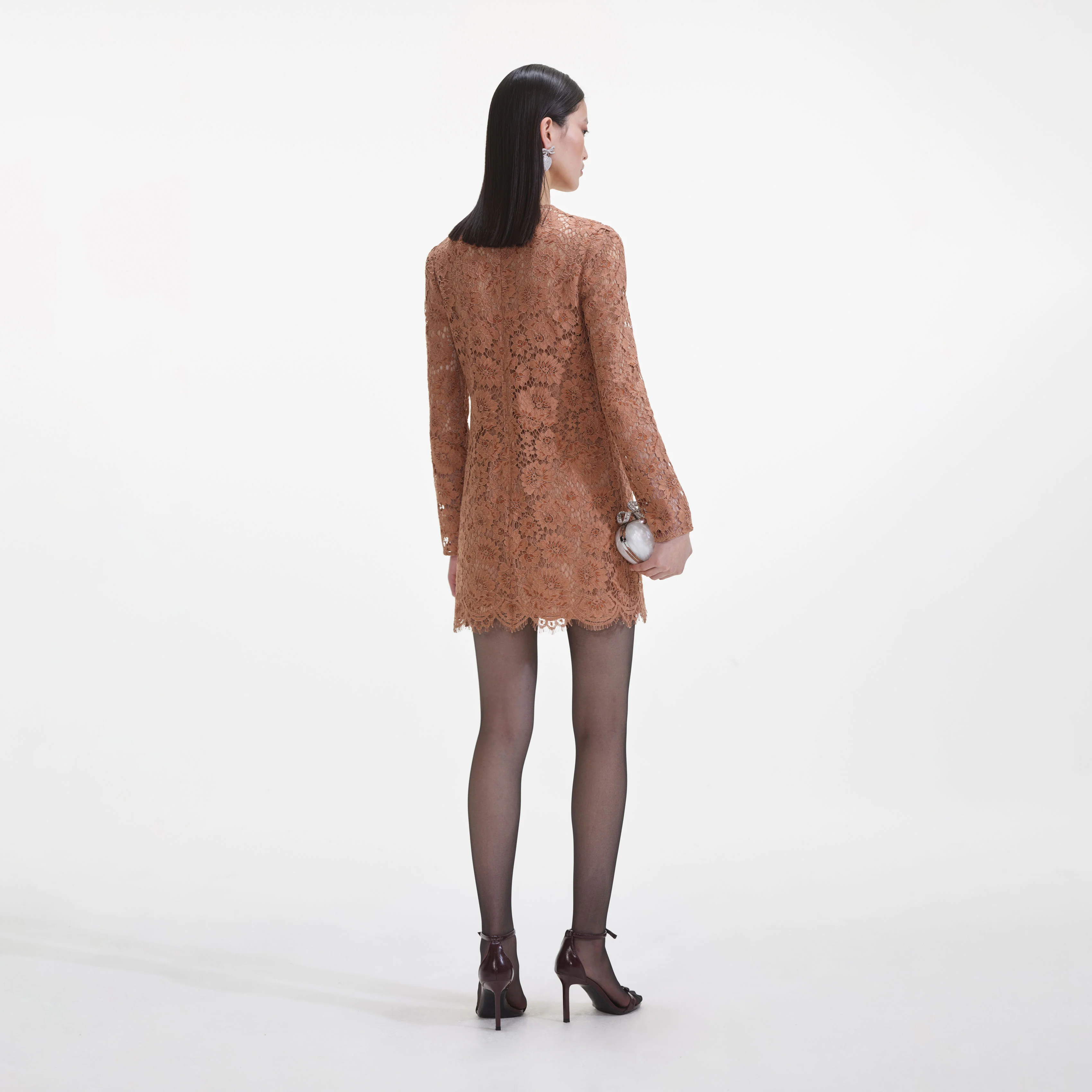 Tan Lace Bow Mini Dress - Image 3