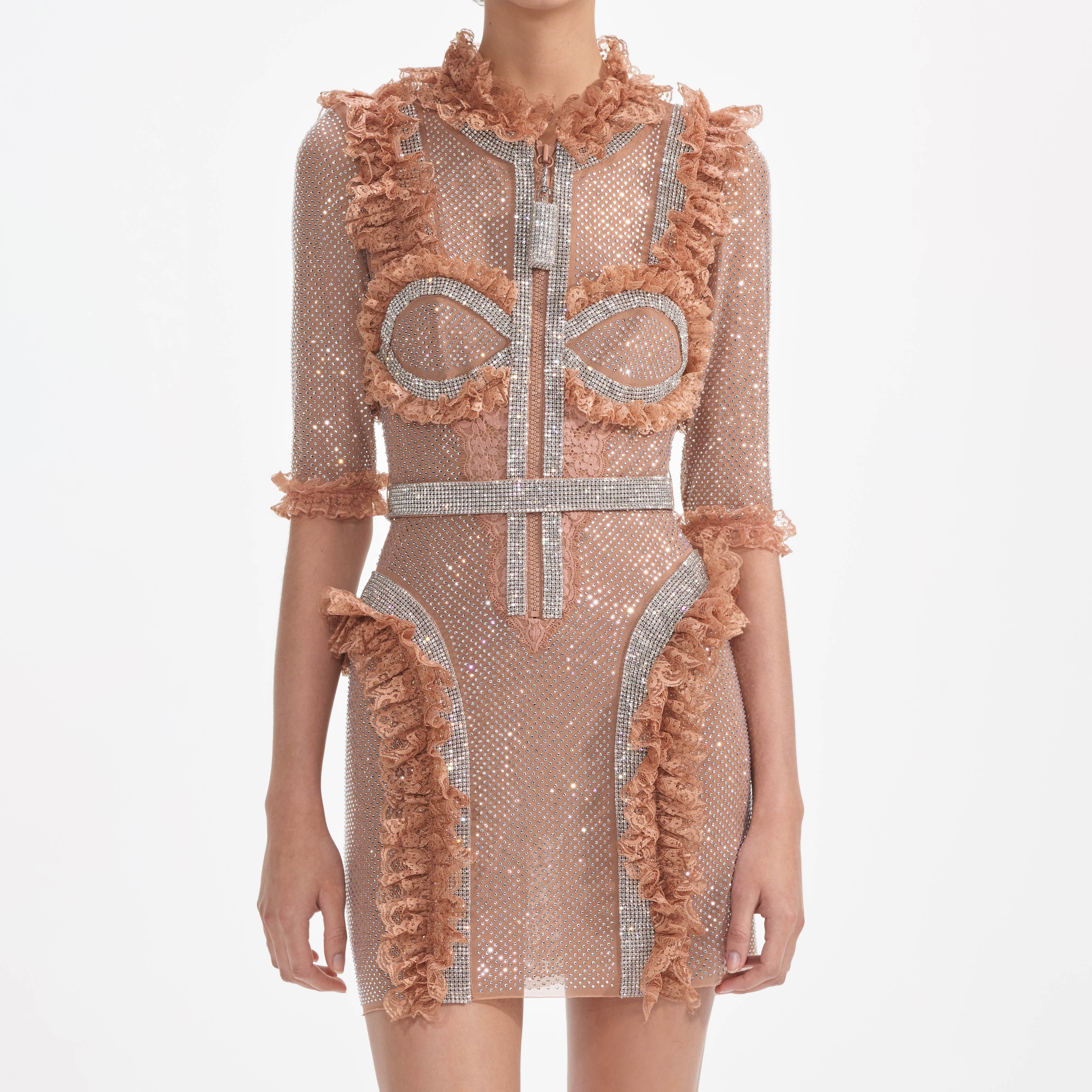 Tan Rhinestone Mesh Ruffle Mini Dress - Image 4
