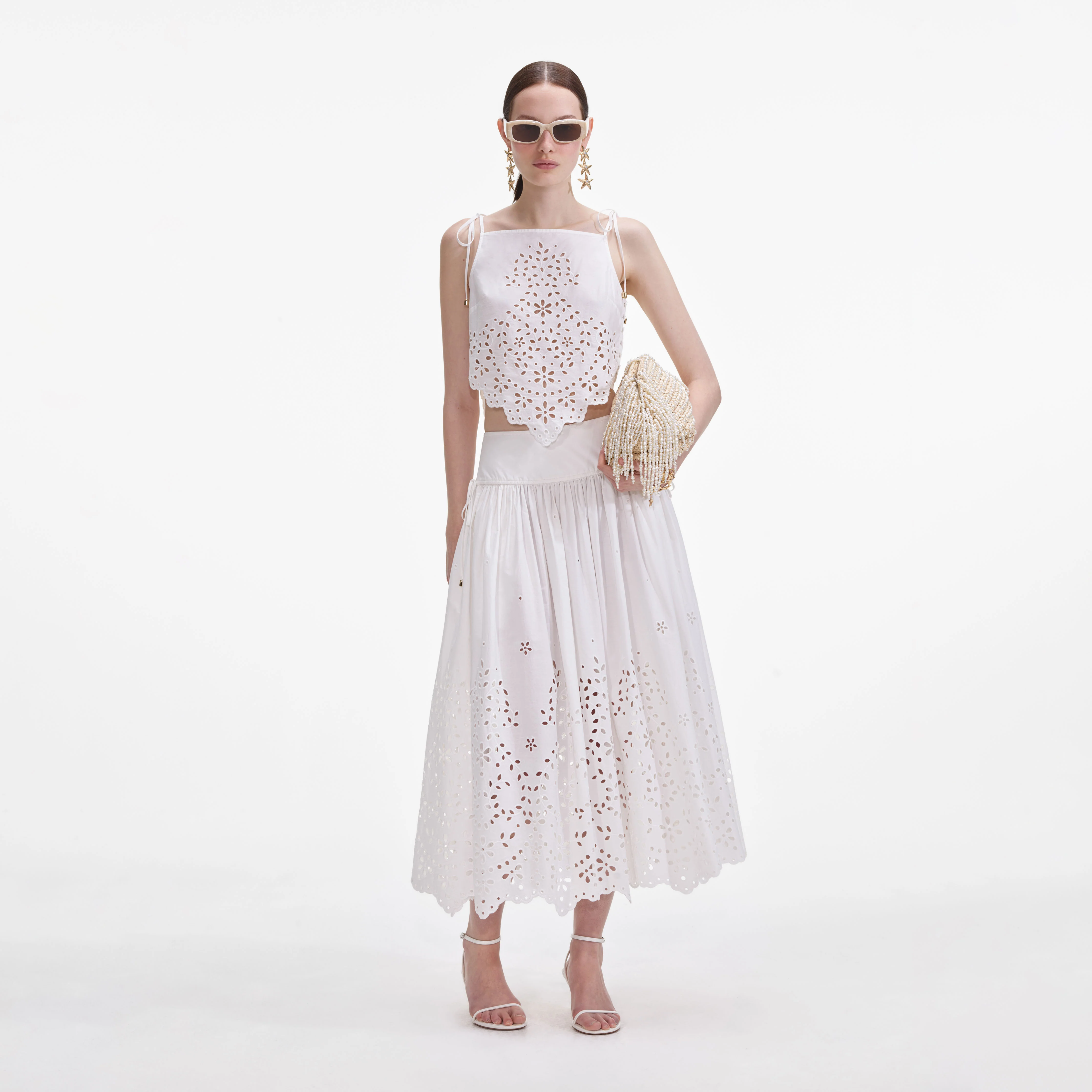 White Cotton Embroidered Midi Skirt