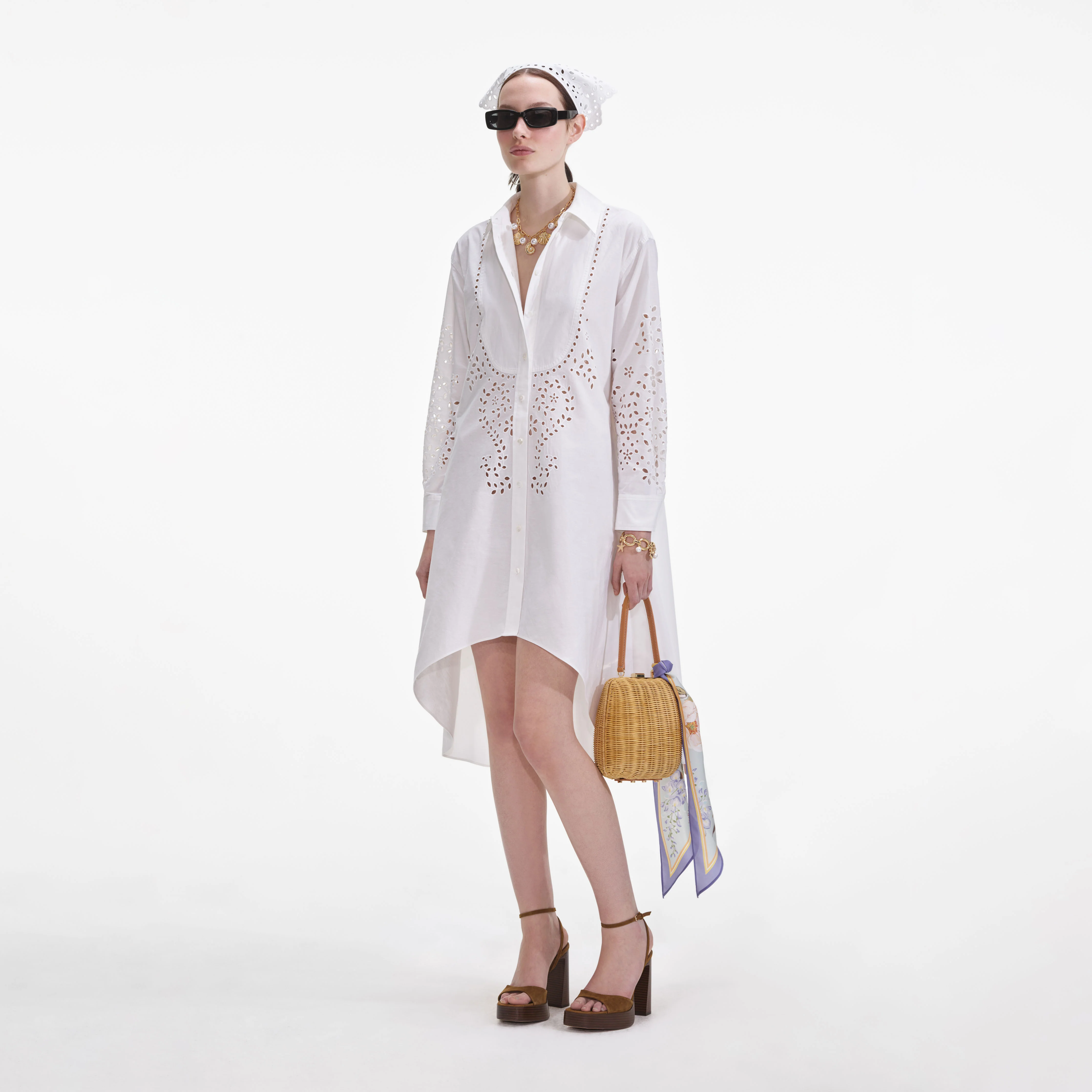 White Cotton Embroidered Shirt Dress - Image 2
