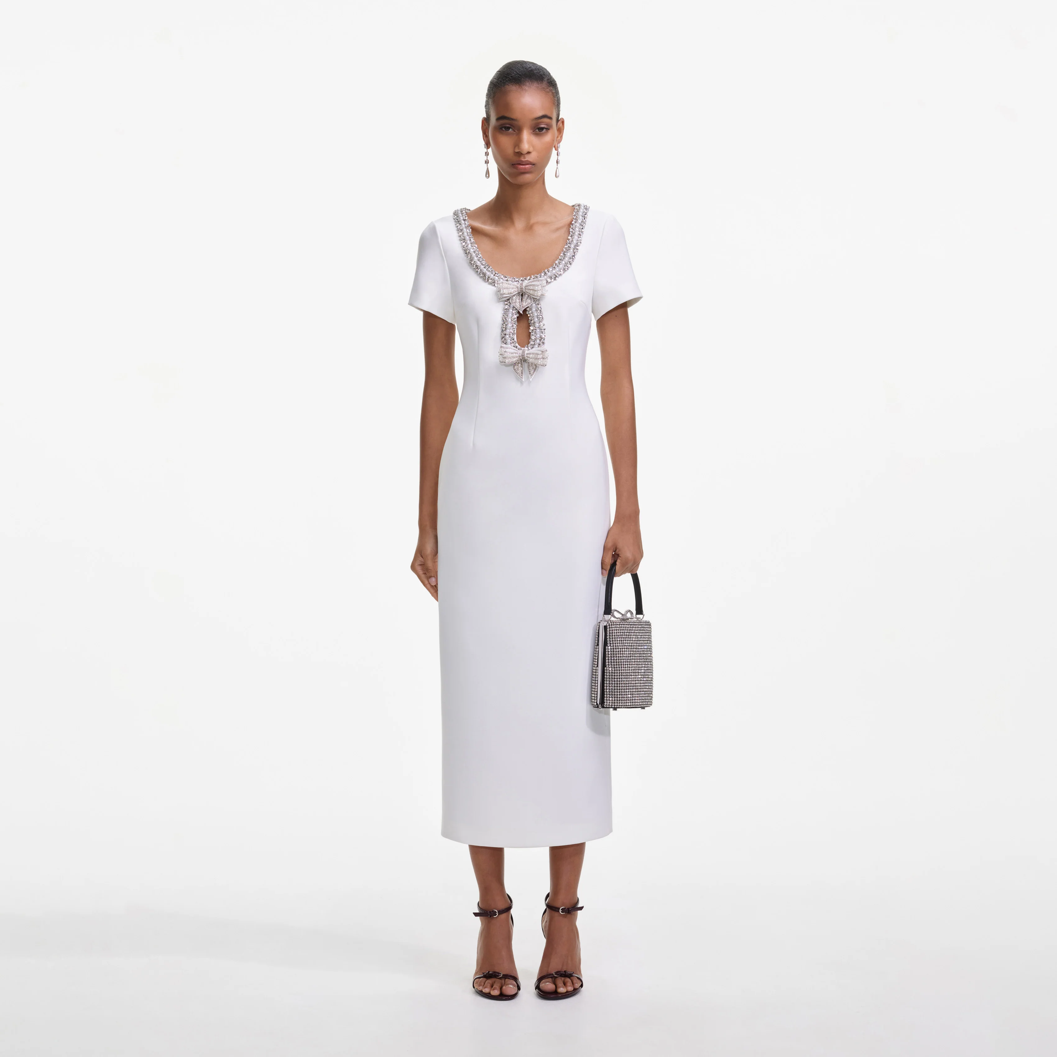 White Crepe Bow Midi Dress