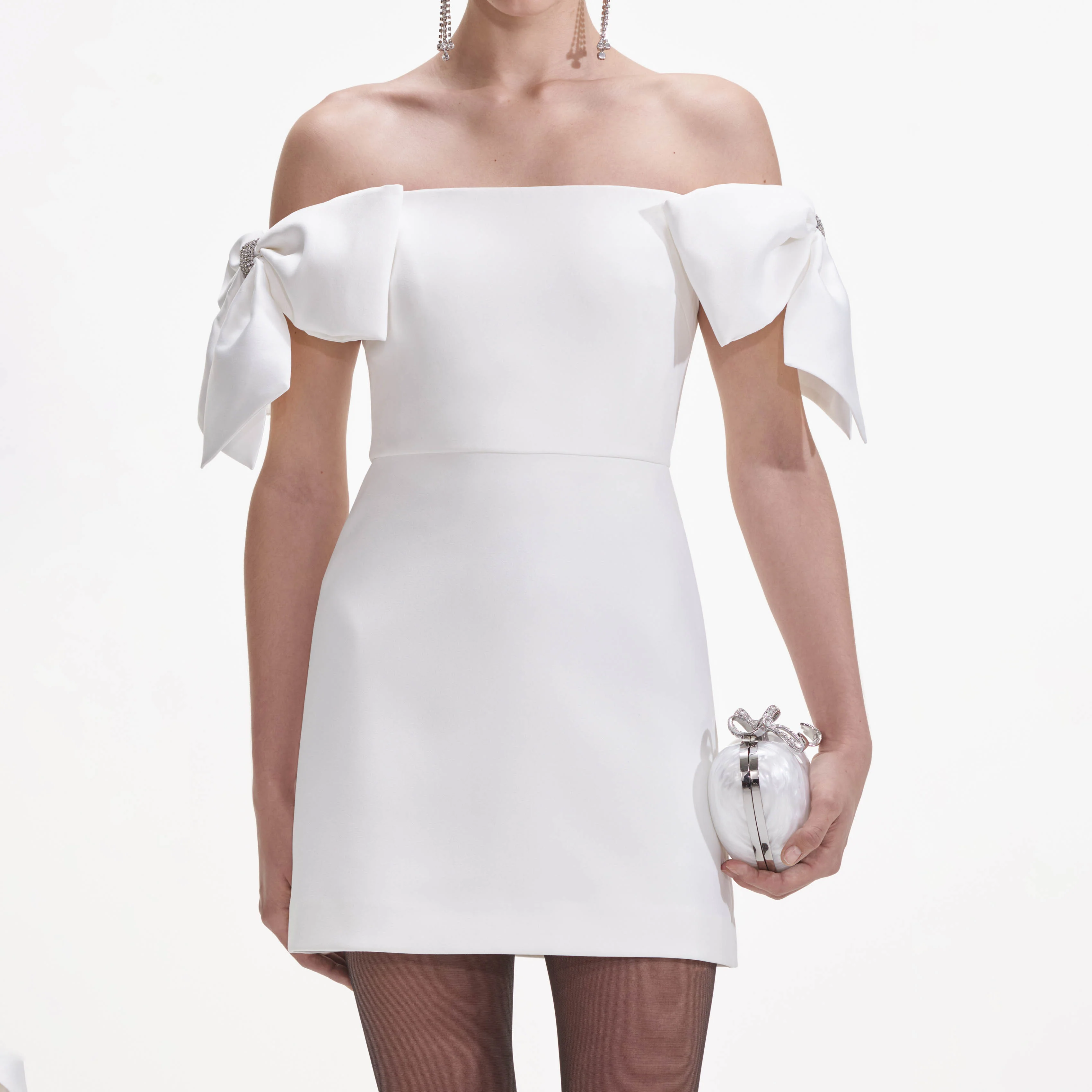 White Crepe Bow Mini Dress - Image 4