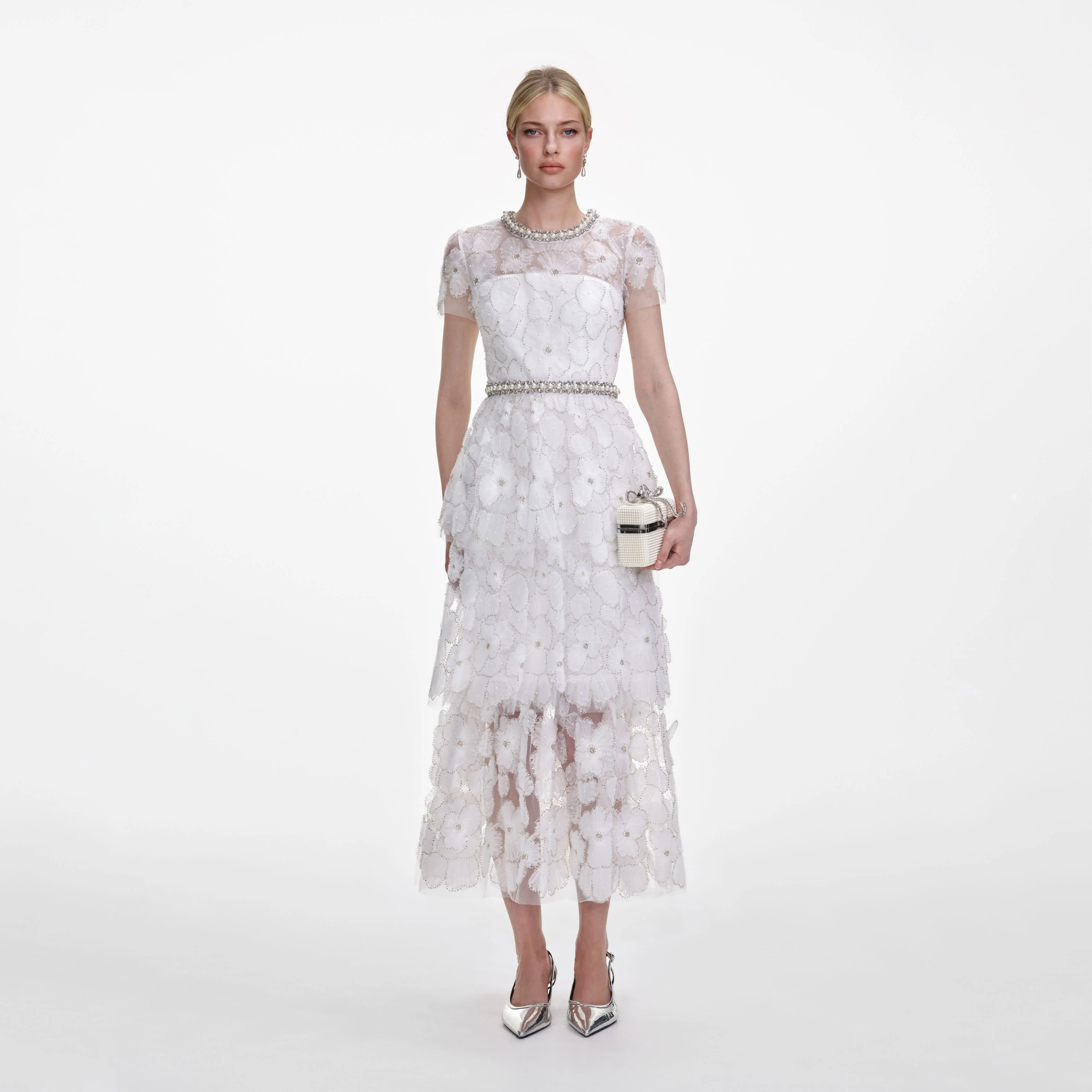 White Embellished Tulle Tiered Midi Dress