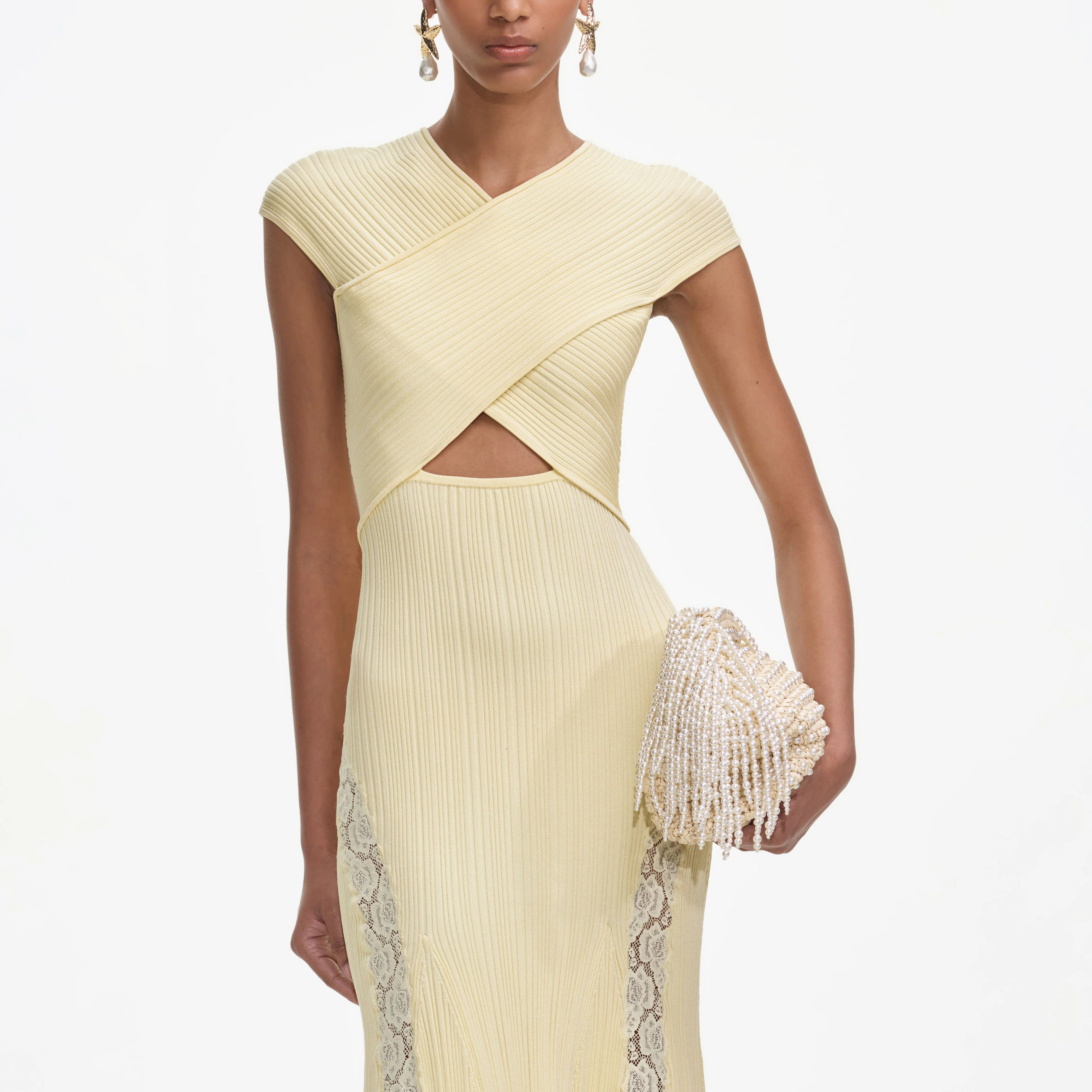 Yellow Knit Lace Insert Midi Dress - Image 4