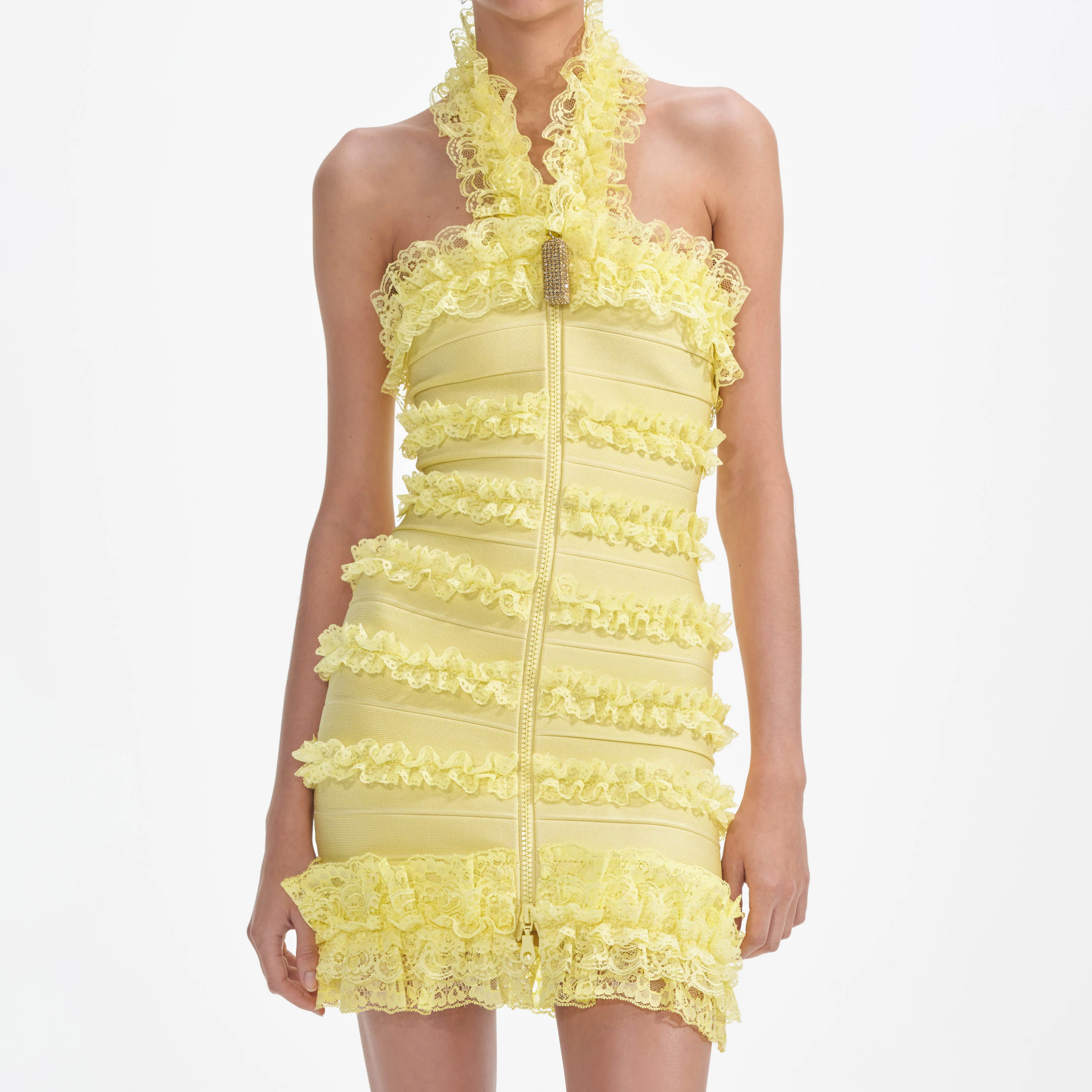 Yellow Knit Zip Ruffle Mini Dress - Image 4