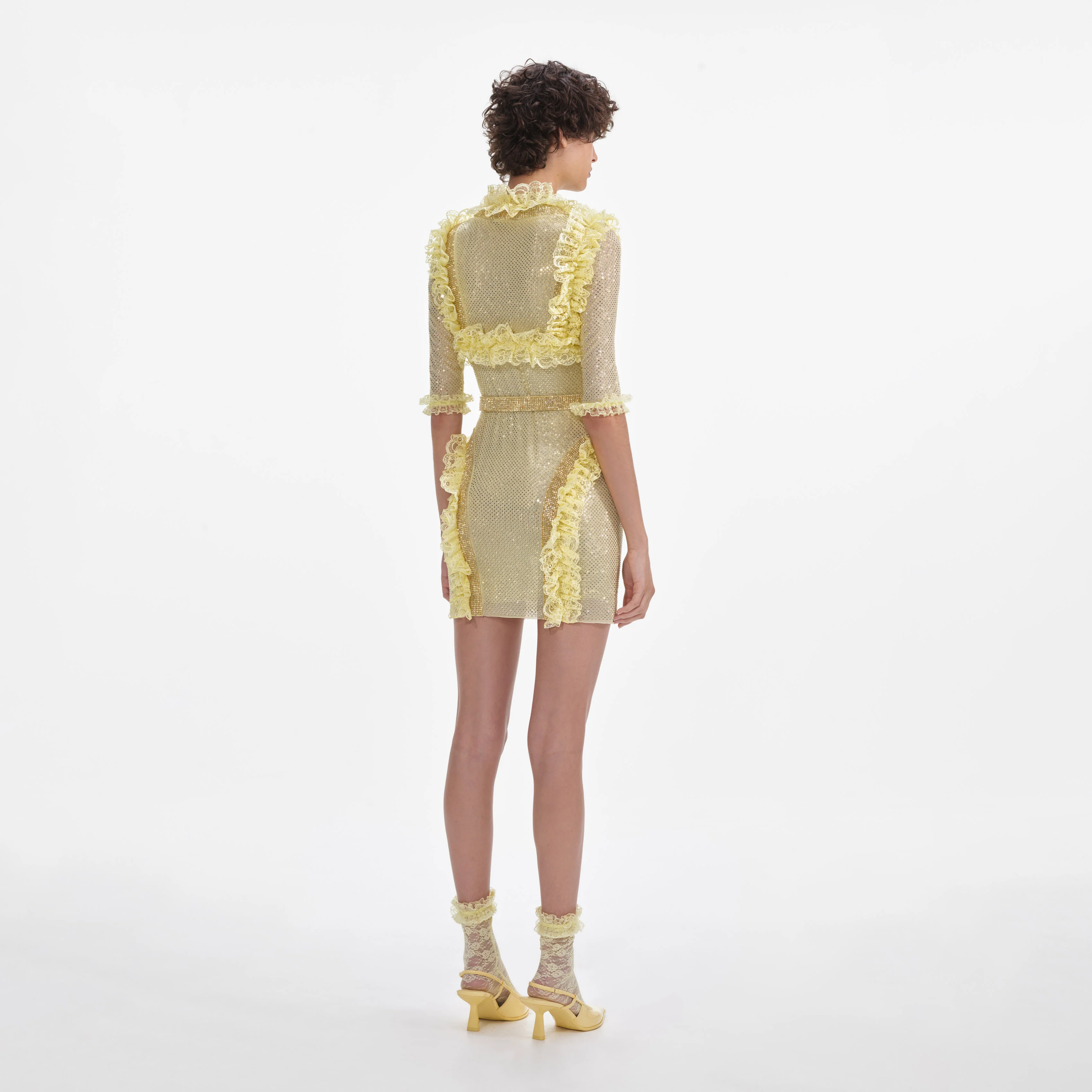 Yellow Rhinestone Mesh Ruffle Mini Dress - Image 3