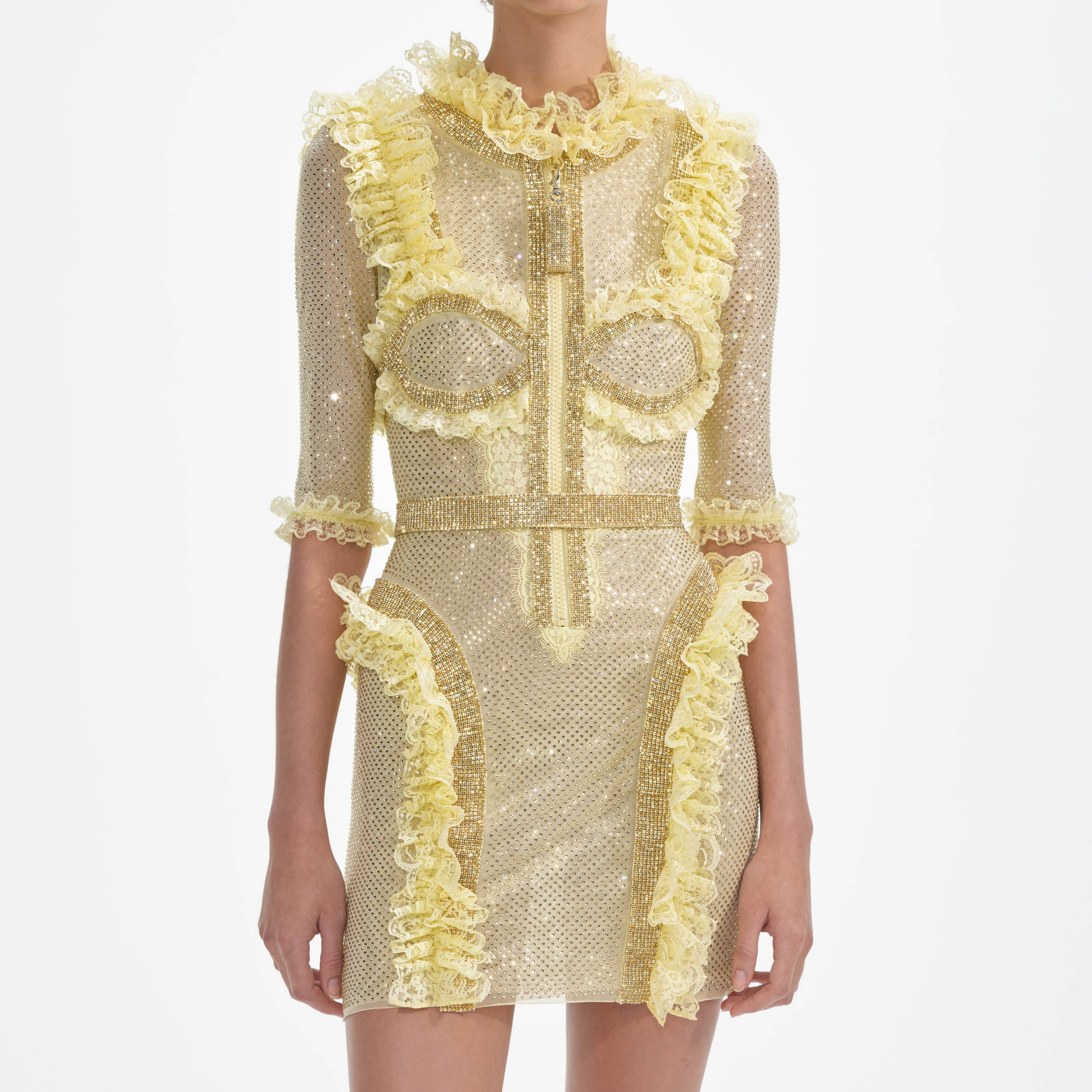Yellow Rhinestone Mesh Ruffle Mini Dress - Image 4