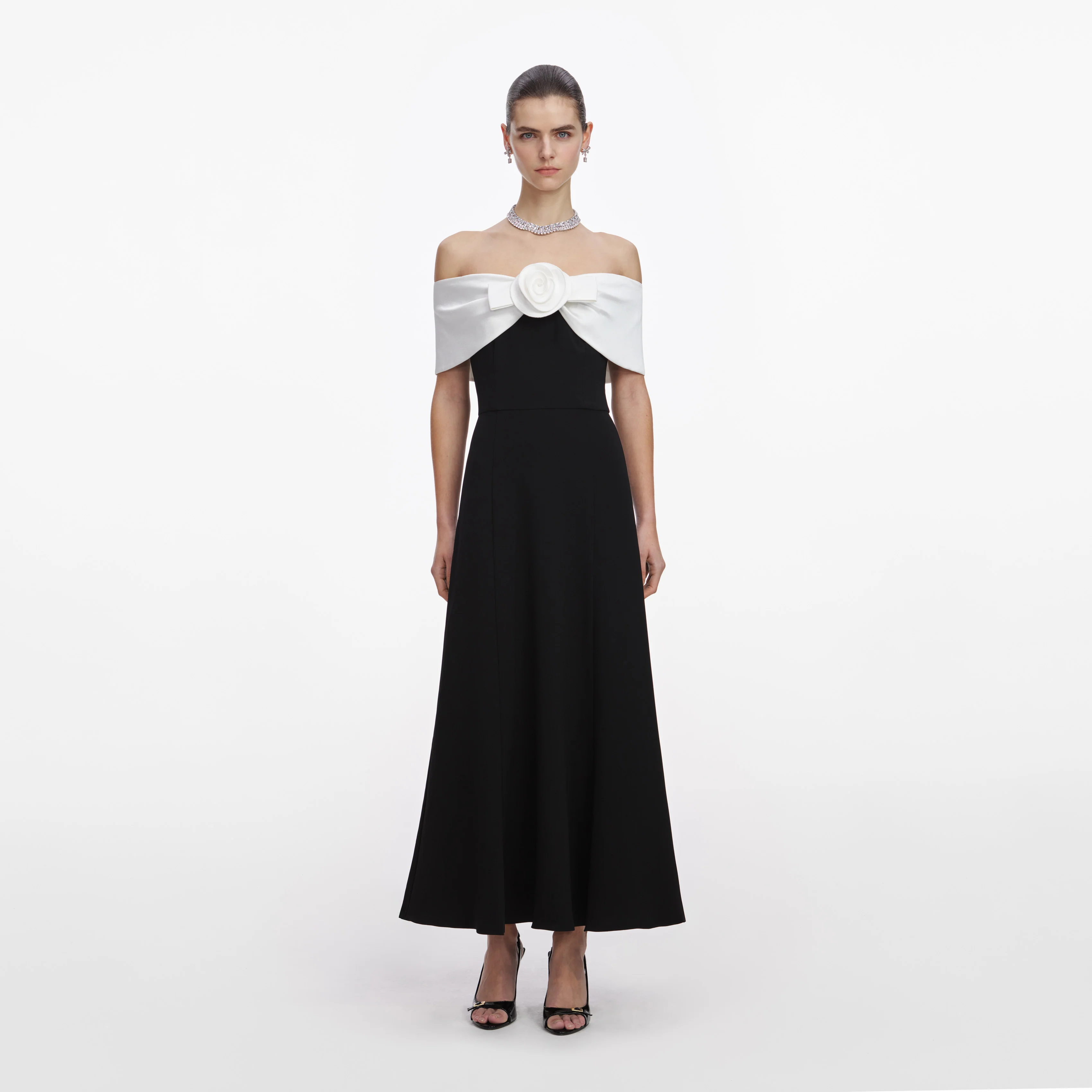 Black Crepe Flower Midi Dress