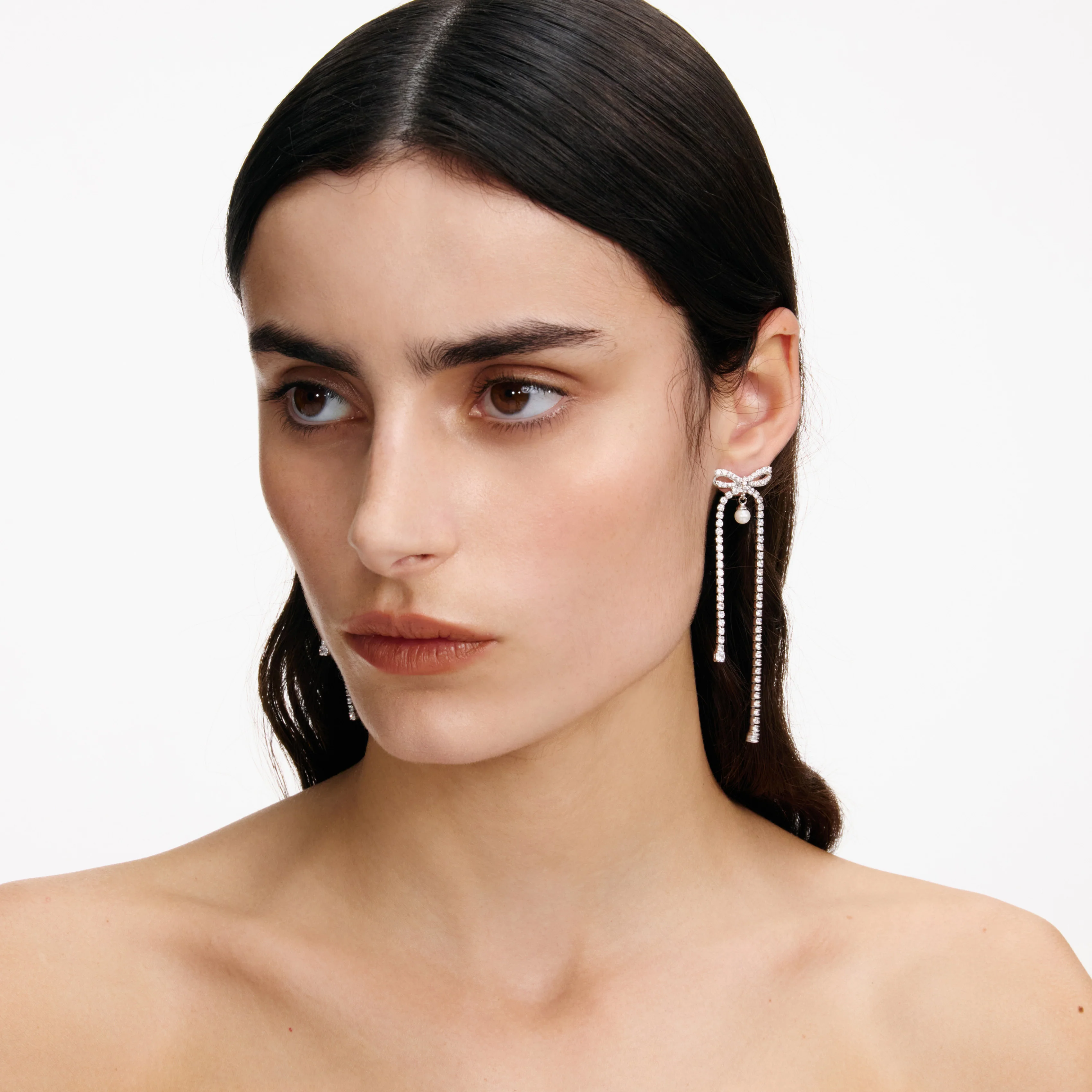 Crystal Bow Pearl Dangle Earrings - Image 4