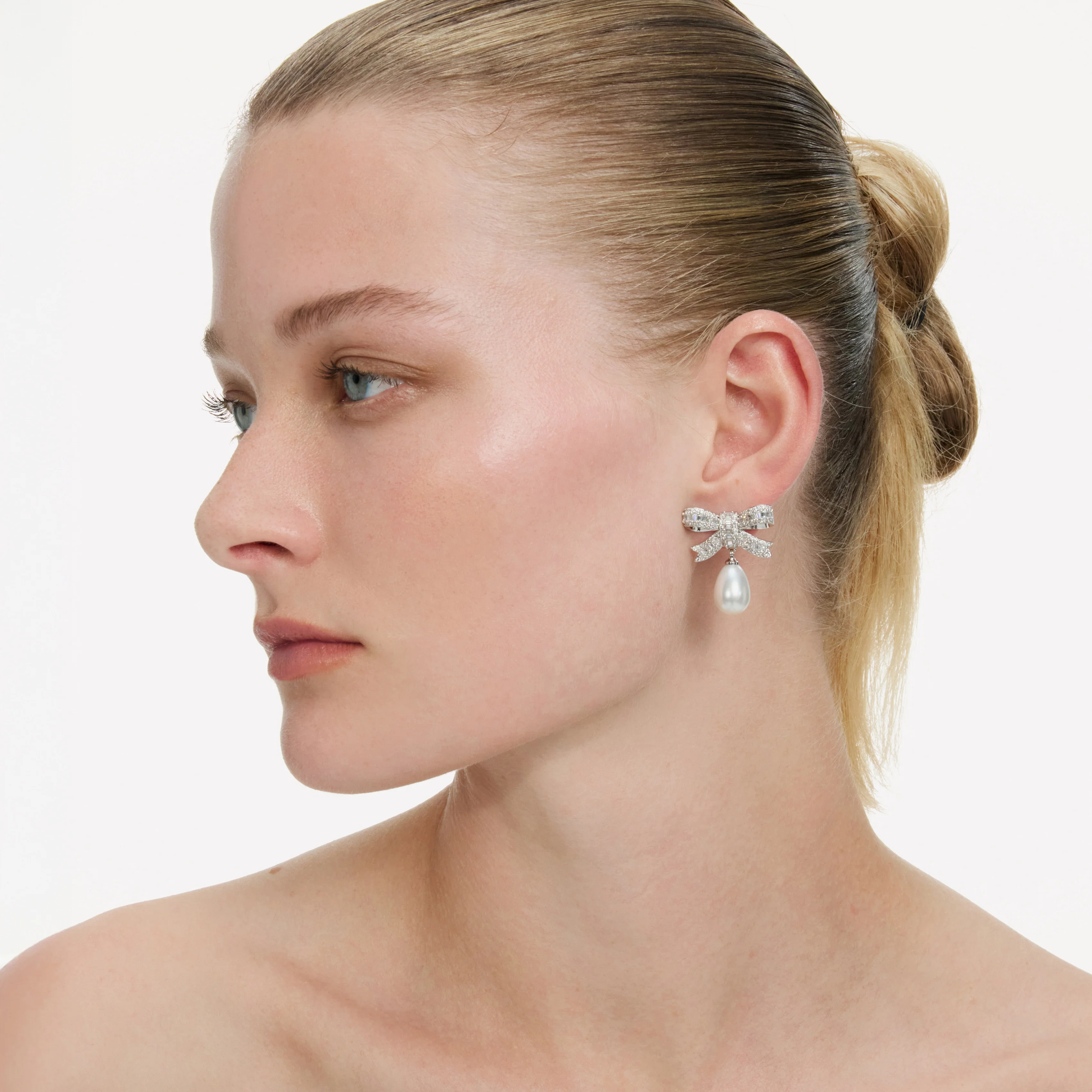 Crystal Bow Pearl Droplet Earrings - Image 2