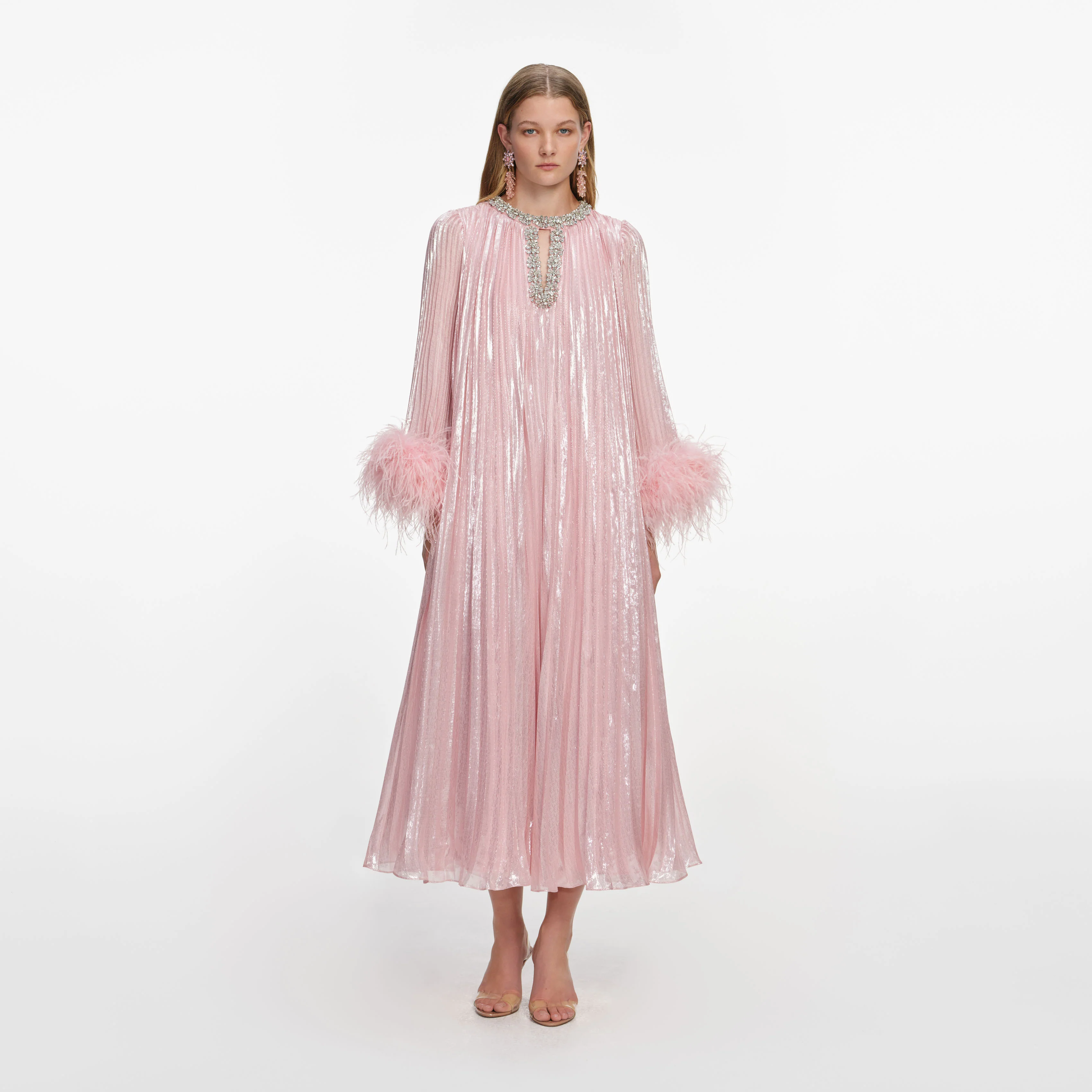 Pink Metallic Chiffon Feather Midi Dress