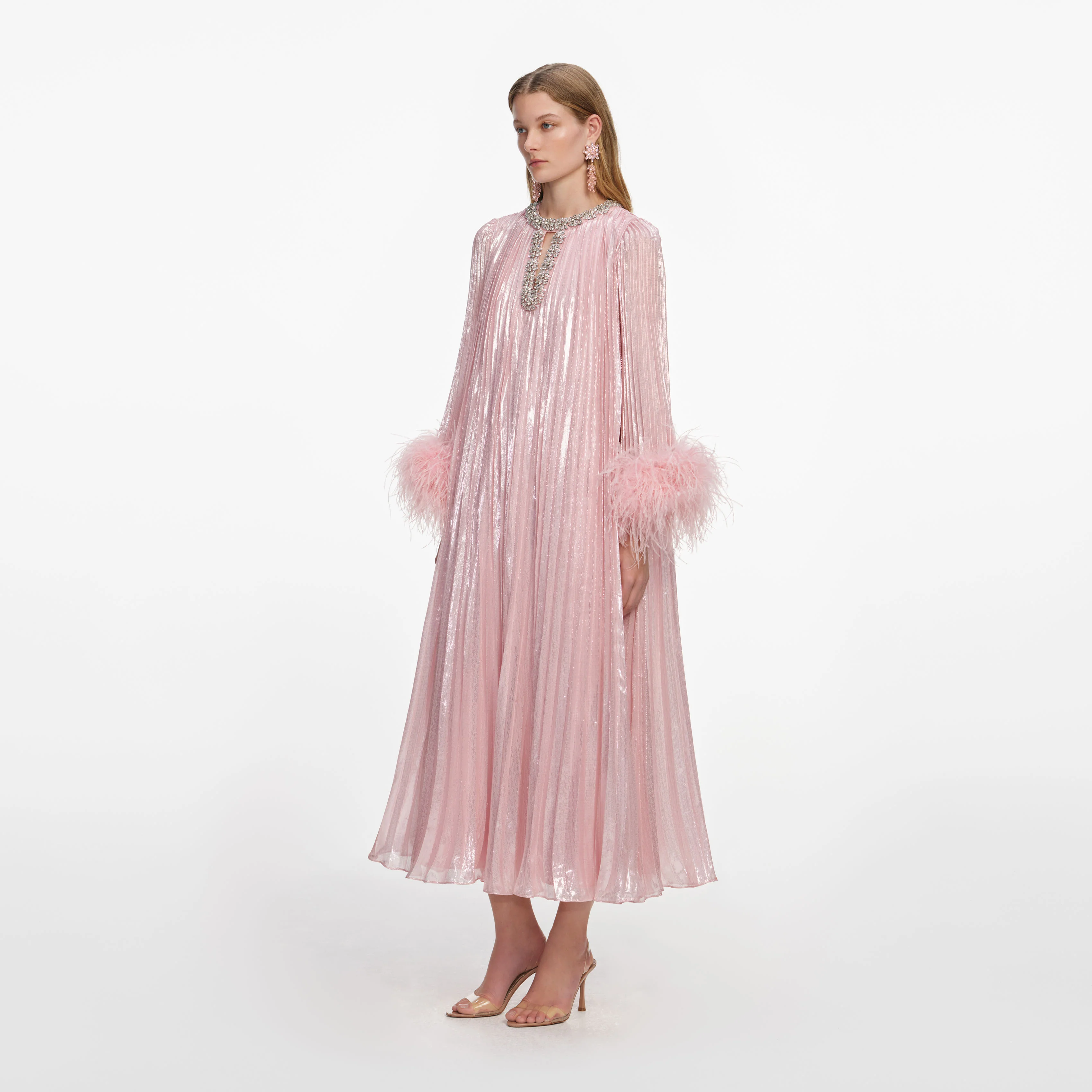 Pink Metallic Chiffon Feather Midi Dress - Image 2