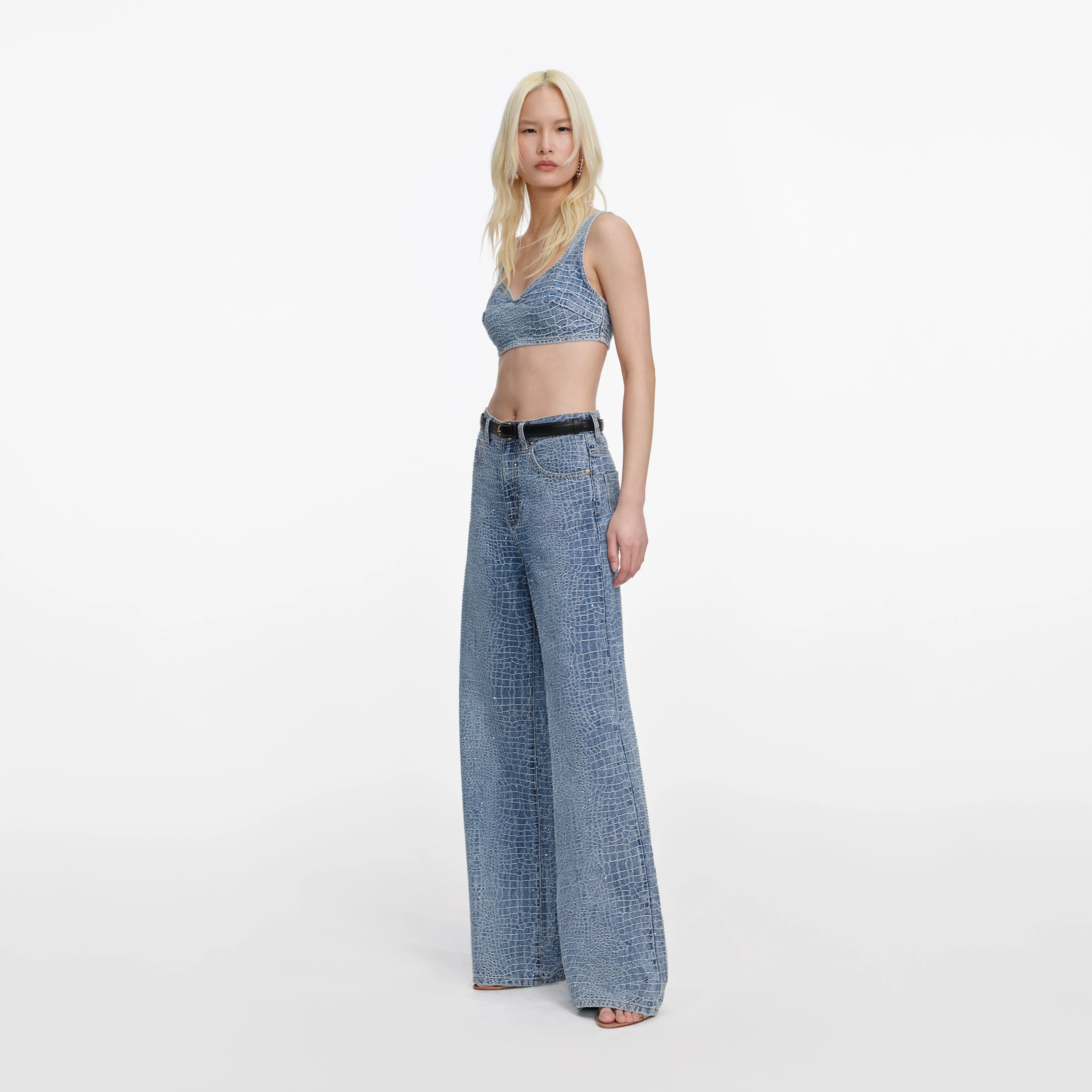 Rhinestone Croc Effect Denim Bralette - Image 2
