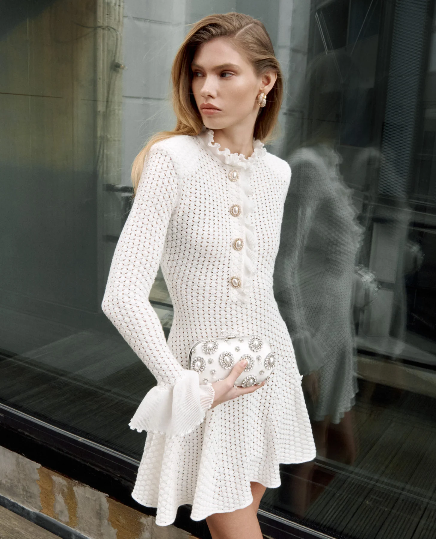 White Lace Collared Pointelle Knit Mini Dress - Image 6