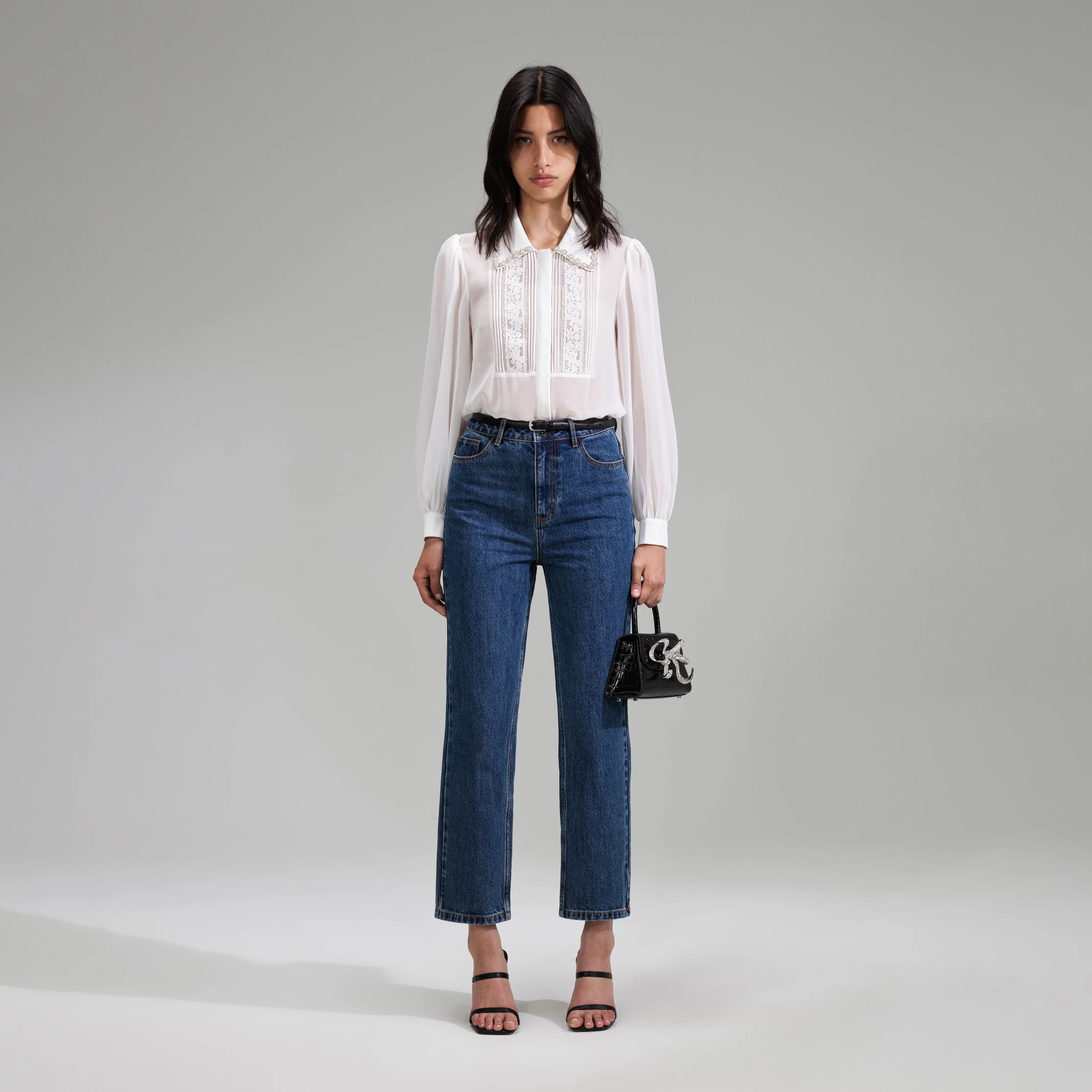 White Chiffon Rhinestone Detail Top