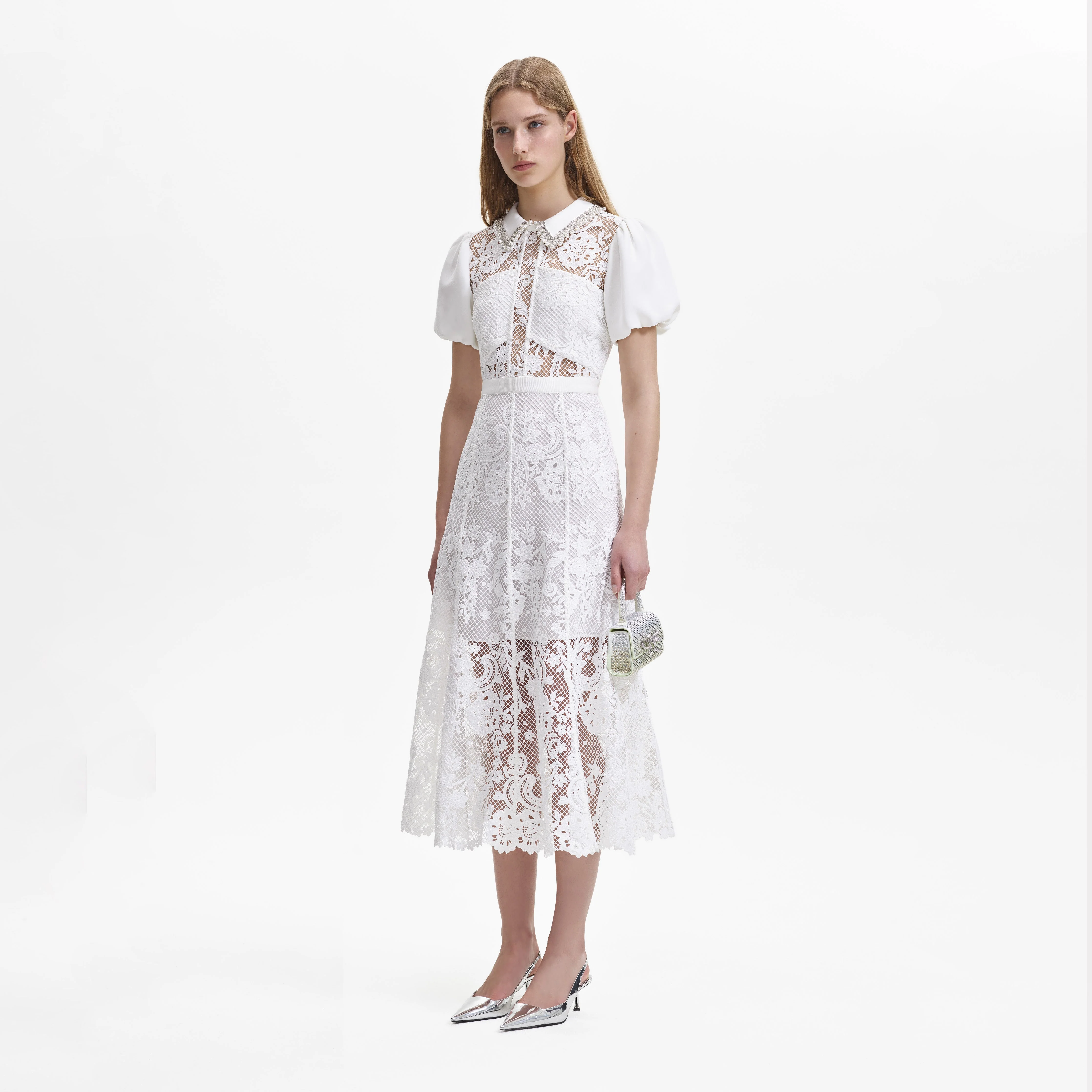 White Lace Diamante Collar Midi Dress - Image 2