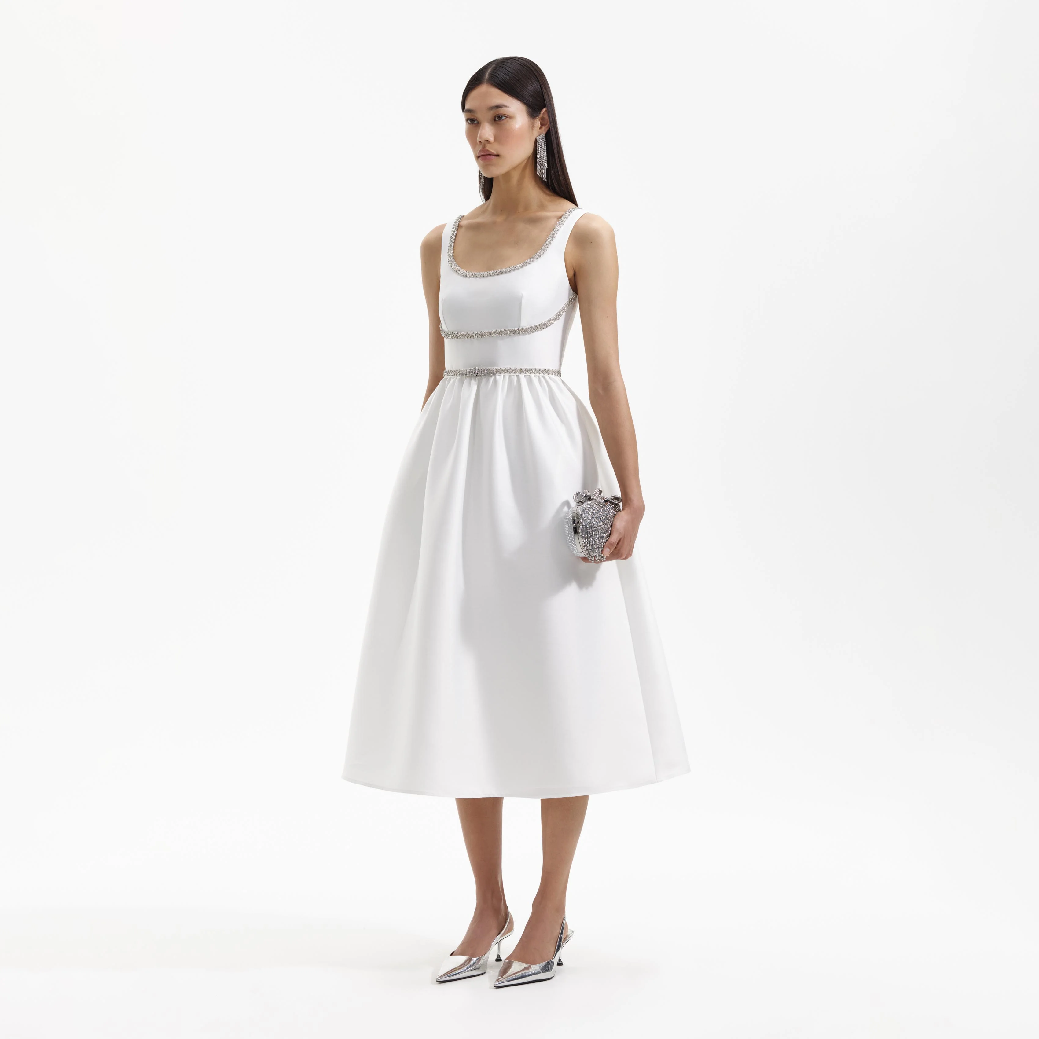 White Taffeta Diamante Bow Midi Dress - Image 2